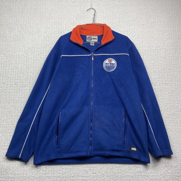 VTG NHL Edmonton Oilers Hockey Mens Sz L Polar Fleece Jacket Blue / Orange Read - Picture 1 of 16